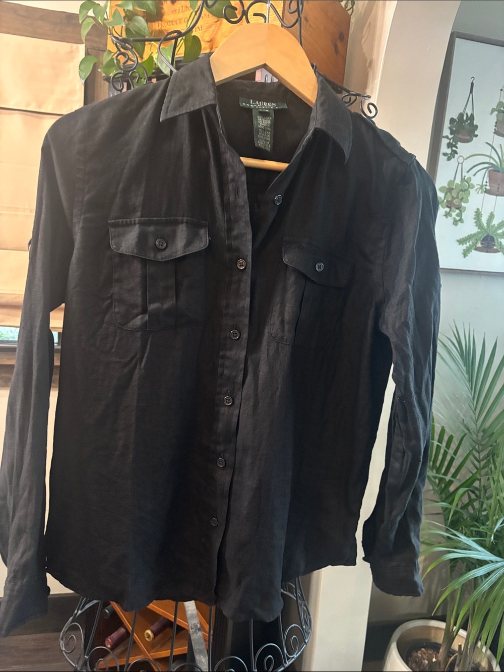 Lauren Ralph Lauren Linen Utility Long-Sleeve Casual Button-Down Shirt Black